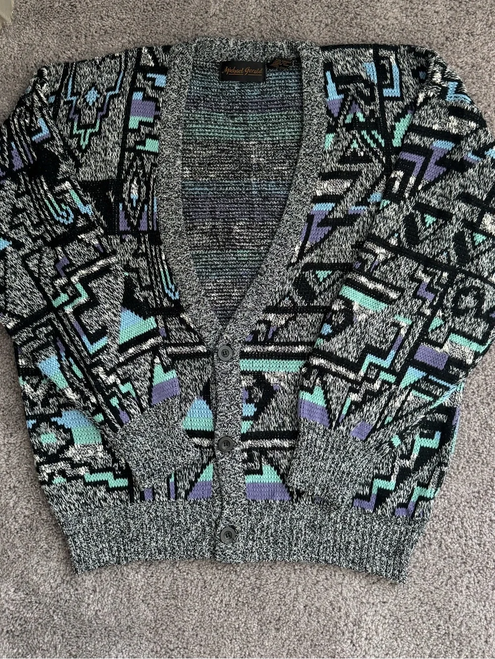 Men's Vintage Geometric Pattern V-Neck Cardigan Sweater - Size L